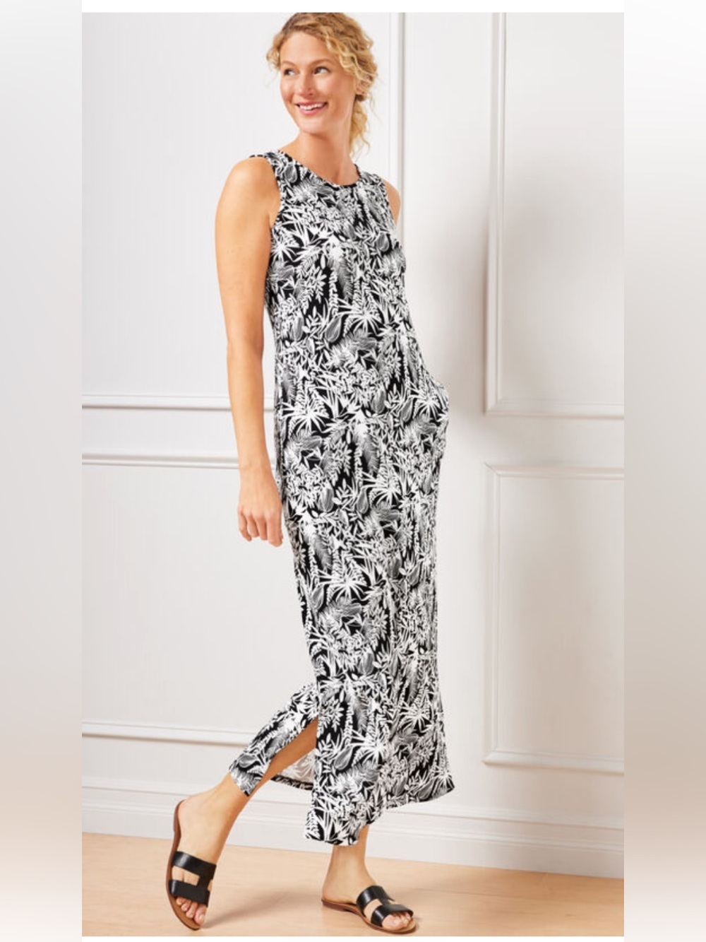 T by Talbots Black White Ferns Sleeveless Maxi Dress Pockets XL